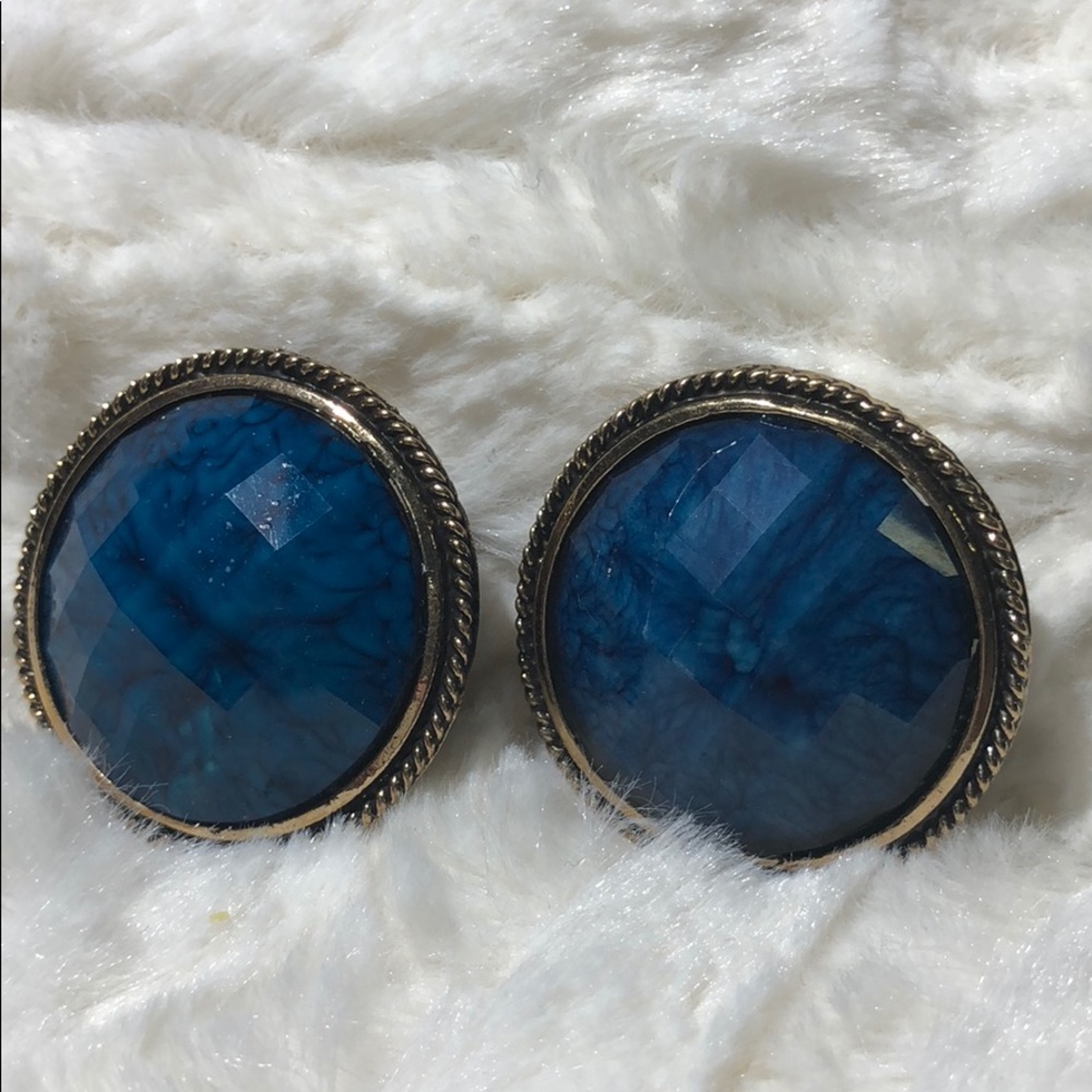 Blue and gold round beveled post earrings